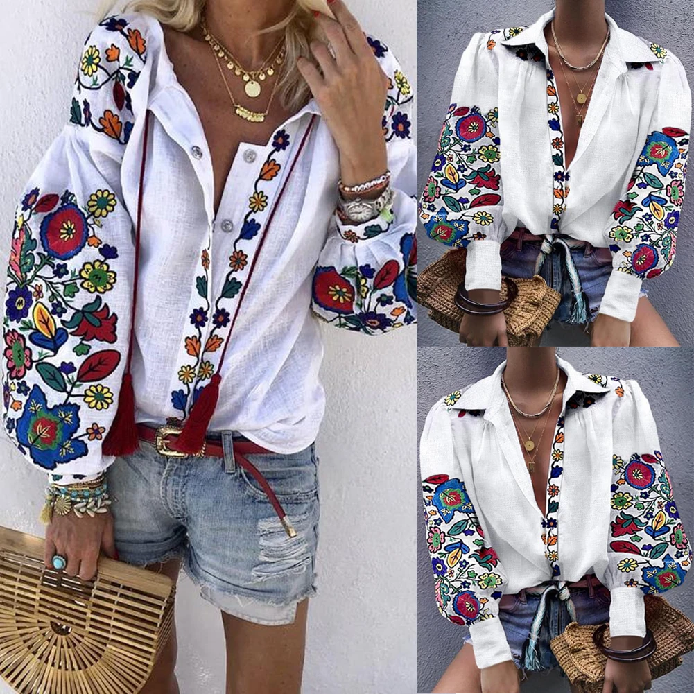 

Womens New Fashion Tops Early Autumn V Neck Long Sleeve Floral Loose Shirts Tops Casual Plain Tee Shirt Women Clothes