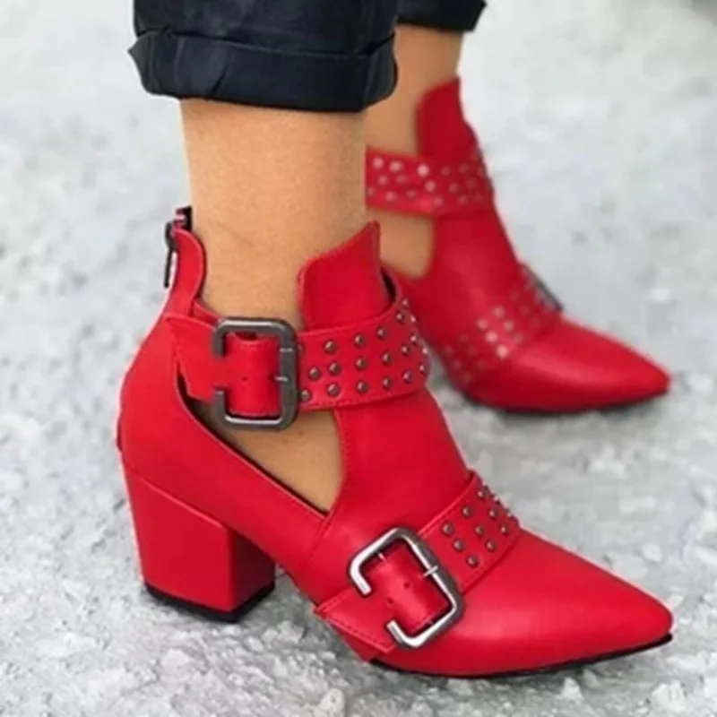 

Women's Boots Pointed Toe High Heels Ankle Boots Rivet Decor 2021 Fashion Autumn Female Buckle Pumps Zip Shoes Zapatos De Mujer