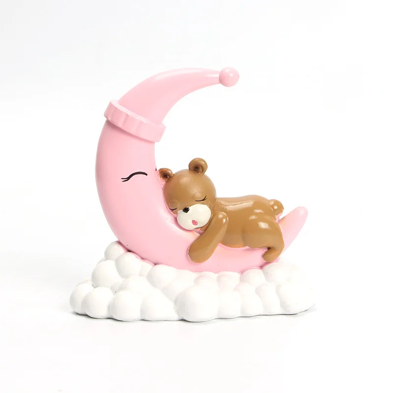 Kawaii Moon Sleeping Bear Топпер для торта счастливые топперы для торта на день рождения для мальчиков и девочек Детские вечерние украшения торта для детей - Цвет: Розовый