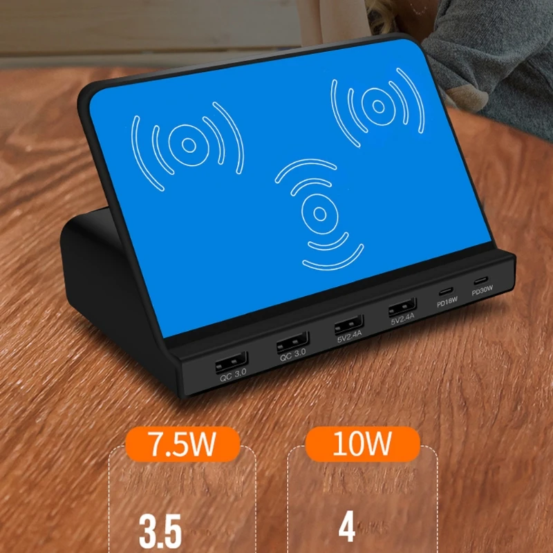 

New Universal 6Ports 30W Type C PD QC3.0 USB 10W Dual Wireless Charger Station Stand for Laptop Cellphone Tablet Fast Charger