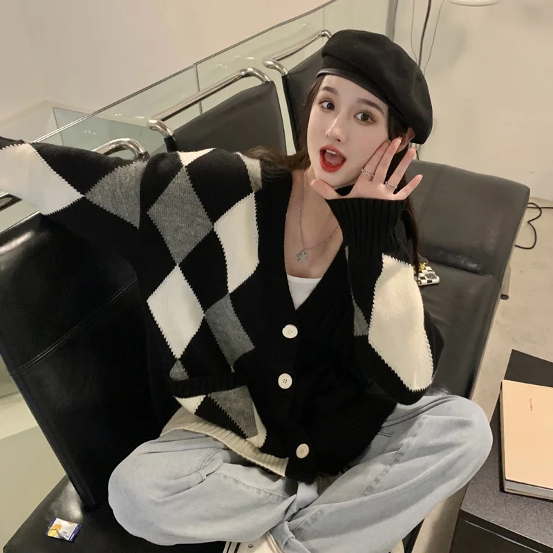 Женский вязаный кардиган с длинным рукавом черный свободный свитер-пальто на