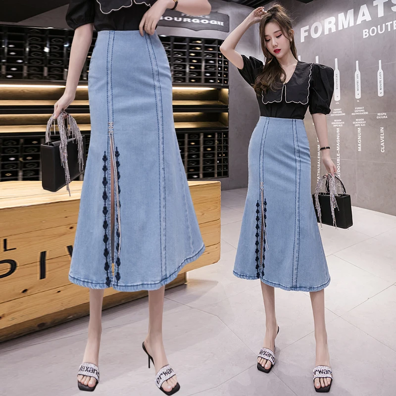 

Women Slim Elegant Zipper Jean Fishtail Skirts Spring Autumn High Waist Embroidered Bodycon Split Midi Long Denim Skirt Korean
