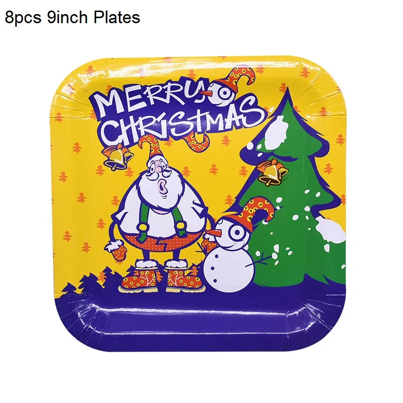 8pcs 9inch Plates Рождественская вечеринка Декор одноразовые столовые приборы бумажные тарелки и стаканы соломинки Баннер Дети День рождения Рождество детский душ Декор - Цвет: 8pcs 9inch Plates