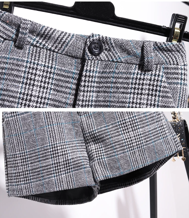 

Autumn Winter Pullover Knitted Top Plaid Skirt 2pcs Sets Striped Long Sleeve Sweater+High Waist Plaid Shorts Two piece Sets