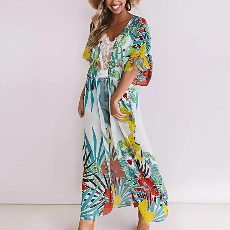 Новинка длинное пляжное платье с цветочным принтом накидка для пляжа купальник