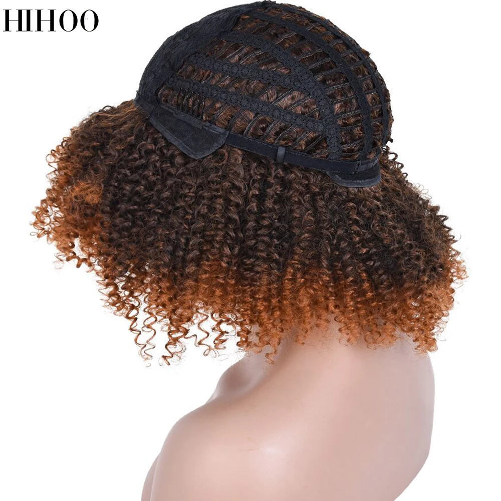 

14"Short Hair Afro Kinky Curly Wigs With Bangs For Black Women Blonde Mixed Brown Synthetic Cosplay African Wigs Heat Resistant