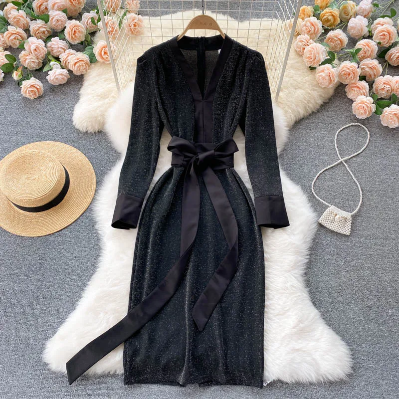 

YIZZHOY Spring Autumn Sexy Split Fashion Streetwear Midi Dress Women Elegant French Dress Long Sleeve V Neck Sashes Slim Dresses