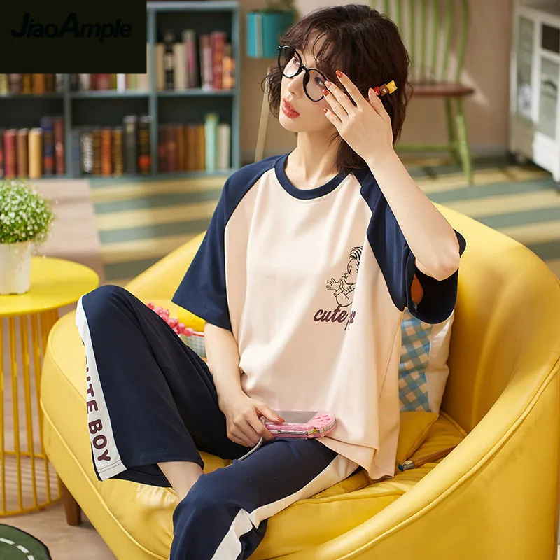 100% Cotton Pajamas Women's Summer Thin Short-sleeved Trousers Pijamas Two-piece 2021 New Printing Nihtwear Sleepwear Homewear
