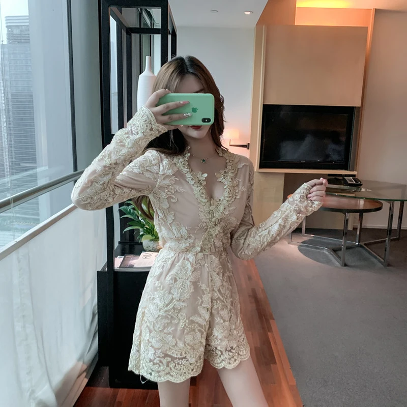 

2021 Summer Female Jumpsuit Overalls Shorts Wide Leg Elegant Hollow Lace Sexy V-Neck Long Sleeve One Piece Combi and Bodysuits