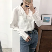 white blouse classic doll collar ruffle shirt french design style baby doll cutton long sleeve women top chemisier femme blusa