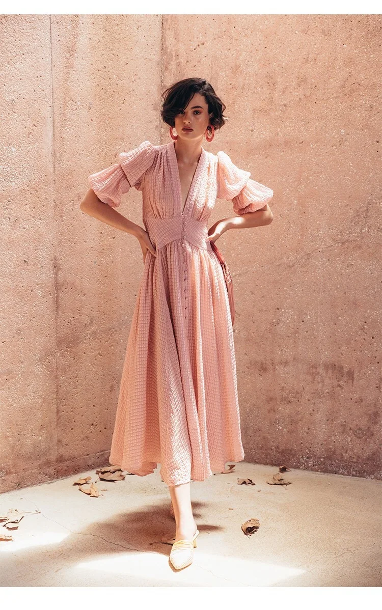 

Fashion Woman Dress Summer 2020 Chiffon Sexy Pink Mid Dress Deep V-neck Female Casual Half Lantern Sleeve A-line Dresses