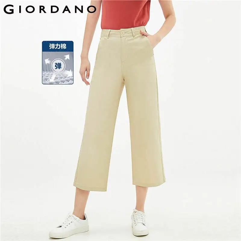 

Giordano Women Pants Stretchy High Rise Wide Leg Trousers Ankle Lenhth Zip Fly Cotton Pantalones Mujer 05421339