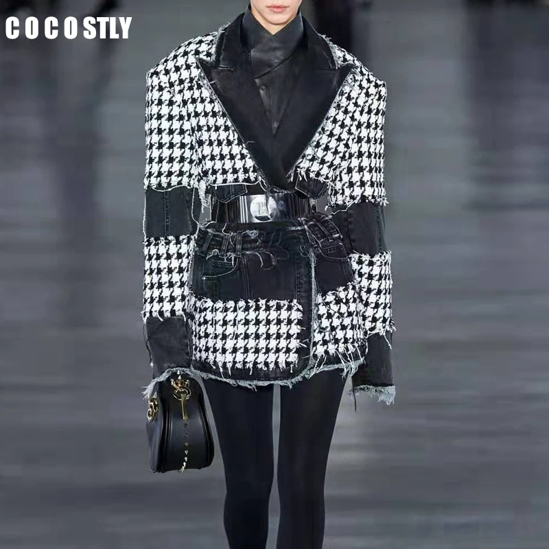 Женский Джинсовый блейзер в клетку с отложным воротником длинным рукавом