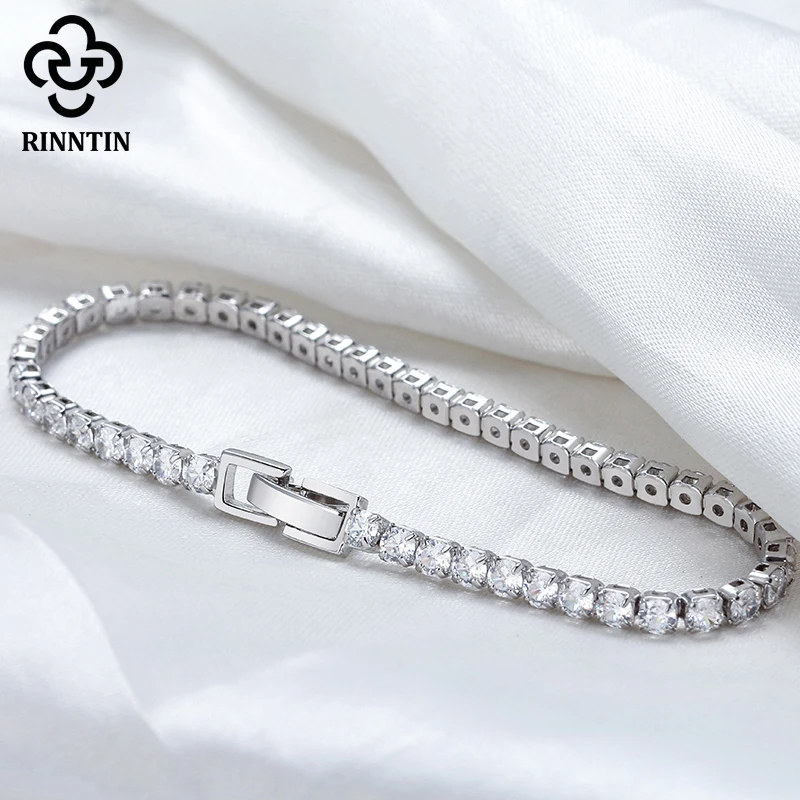 Rinntin реального 925 стерлинговый Серебряный браслет для тенниса женщин с Циркон