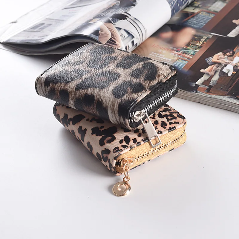 

Women Wallet Women's Short Leopard PU Wrist Band Zipper Bag Large Capacity Multi-Card Position Mobile Phone Bag Card Bags