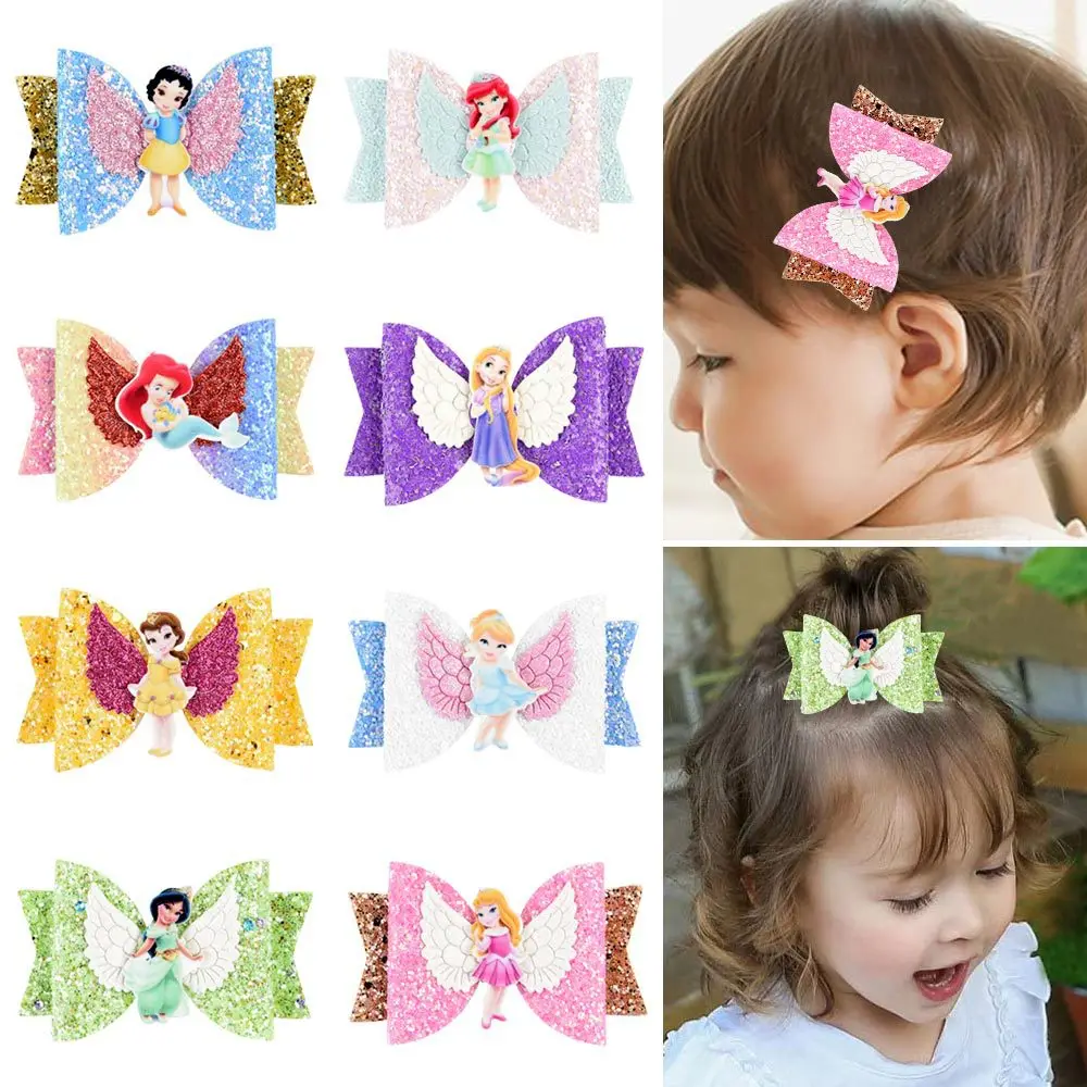 

Disney Princess Acrylic hairpin children's cartoon Angel wing bowknot hairpin Mermaid glitter pink side clips hair accessories