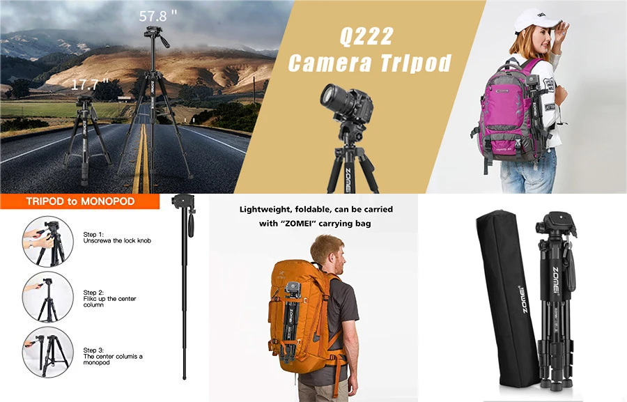 Cadiso Q222 Профессиональное видео-, фотокамера штатив Гибкий фотографический туристические поездки стенд с моноподом для DSLR камеры телефона