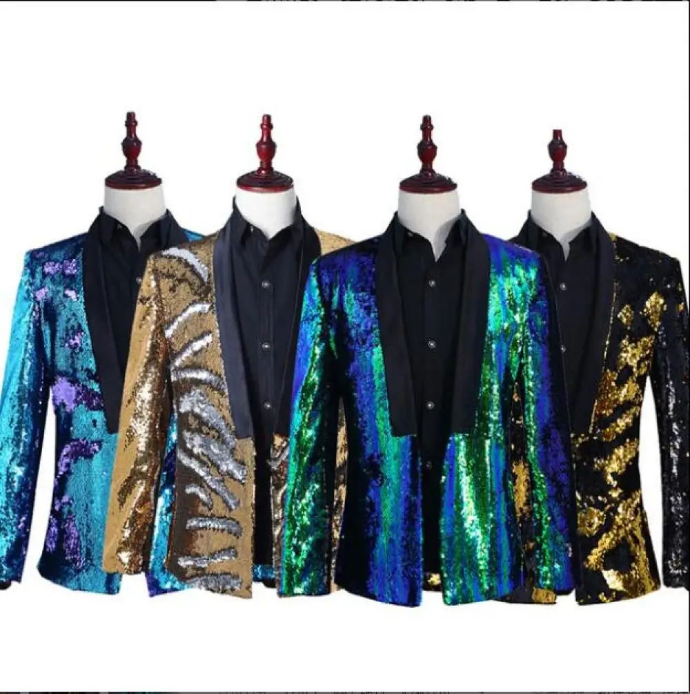 Mens Sequin Dress Blazers Men Prom Host Banquet Blazer DJ Nightclub Stage Host Glittering Suit Jacket Hombre
