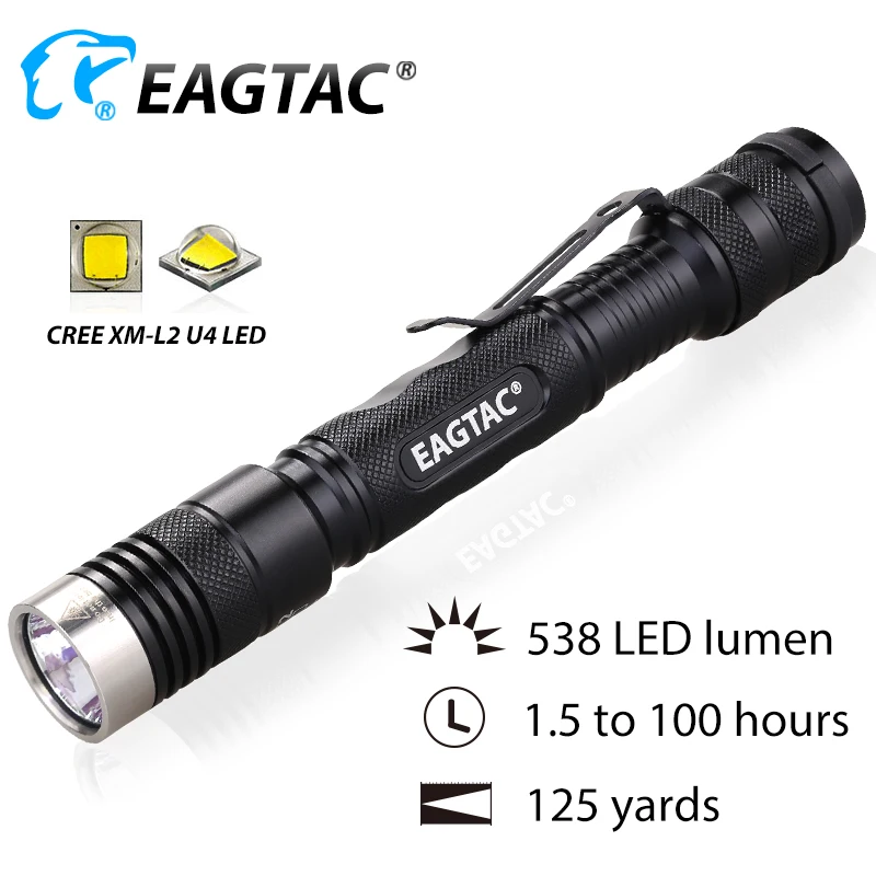 EAGTAC D25A2 Tactical LED Flashlight 538 Lumen 2xAA EDC Torch Tail Strobe Long Throw Light Momentory On