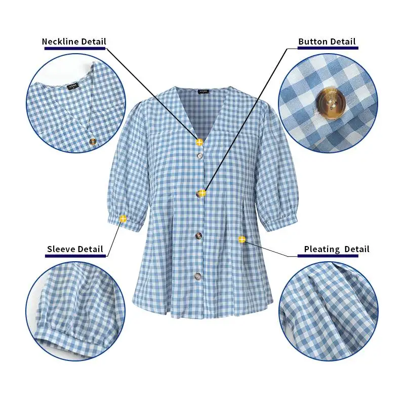 

Checked Plaid Shirts Women Casual Tops 2021 VONDA Vintage V Neck Half Sleeve Pleated Blouse Office Ladies Blusas Femininas