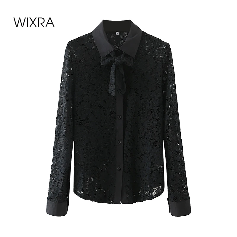 

Wixra Shirts And Blouses Long Sleeve 2021 Spring New Ladies High Street Black Lace Hollow Out Tops For Women