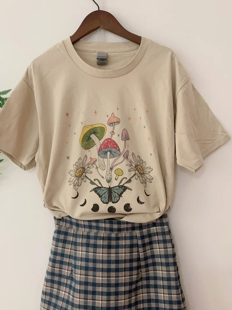 

Mushroom moon phrase Harajuku T Shirt Aesthetic Space Cosmic Butterf Short Sleeve O-Neck Tops Women Summer Loose Oversize