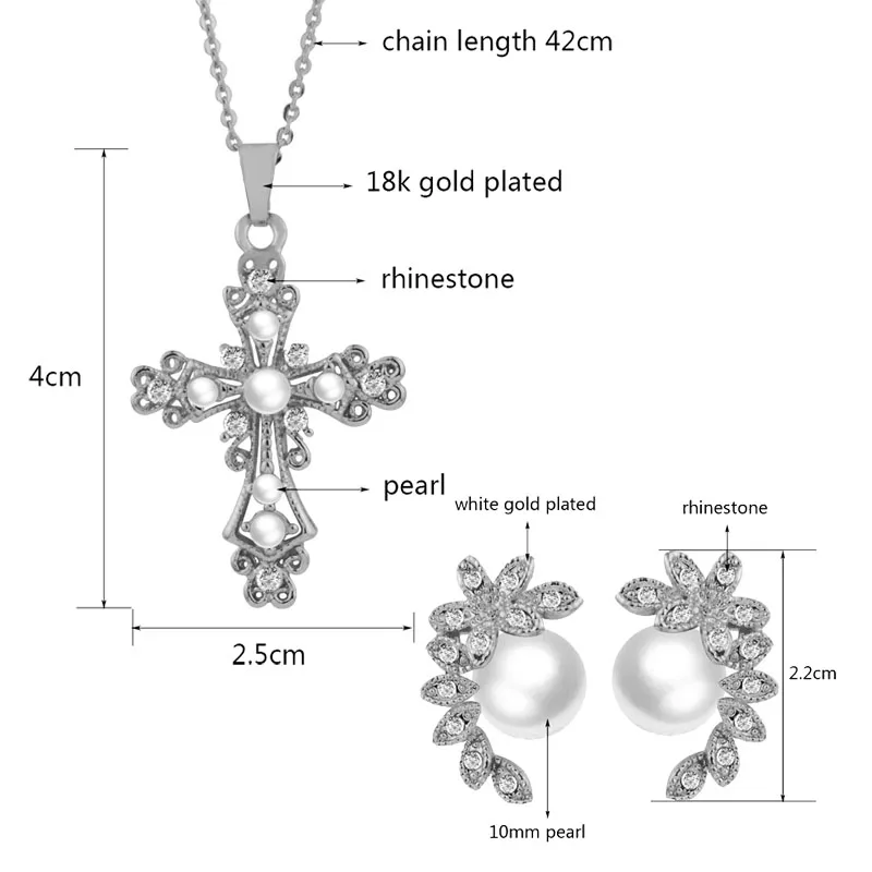 

SINLEERY Baroque Pearl Hollow Cross Pendant Necklace Leaf Earring Set Gold Silver Color For Women Statement Jewelry TZ027 SSK