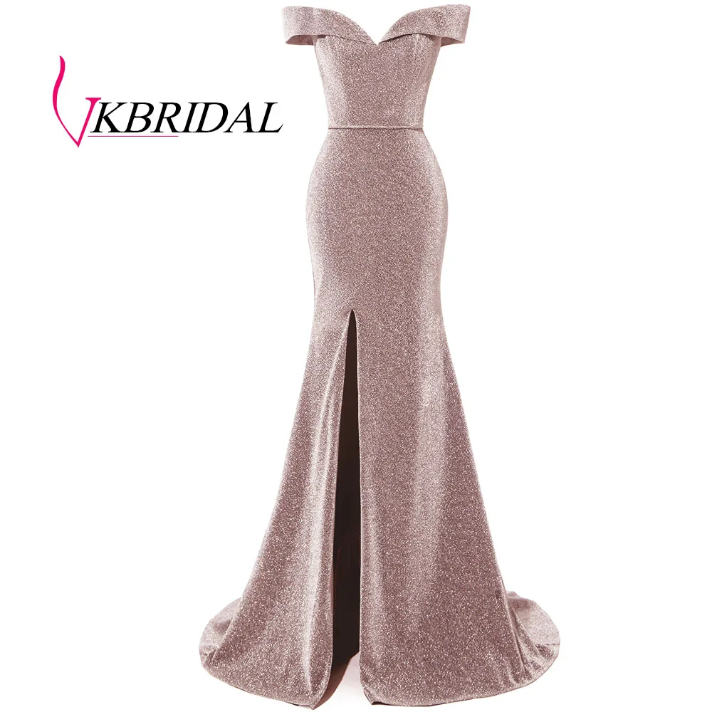 Розовый VKBRIDAL серое вечернее платье с открытыми плечами сексуальное блестящее платье с разрезом для выпускного вечера - Цвет: Розовый