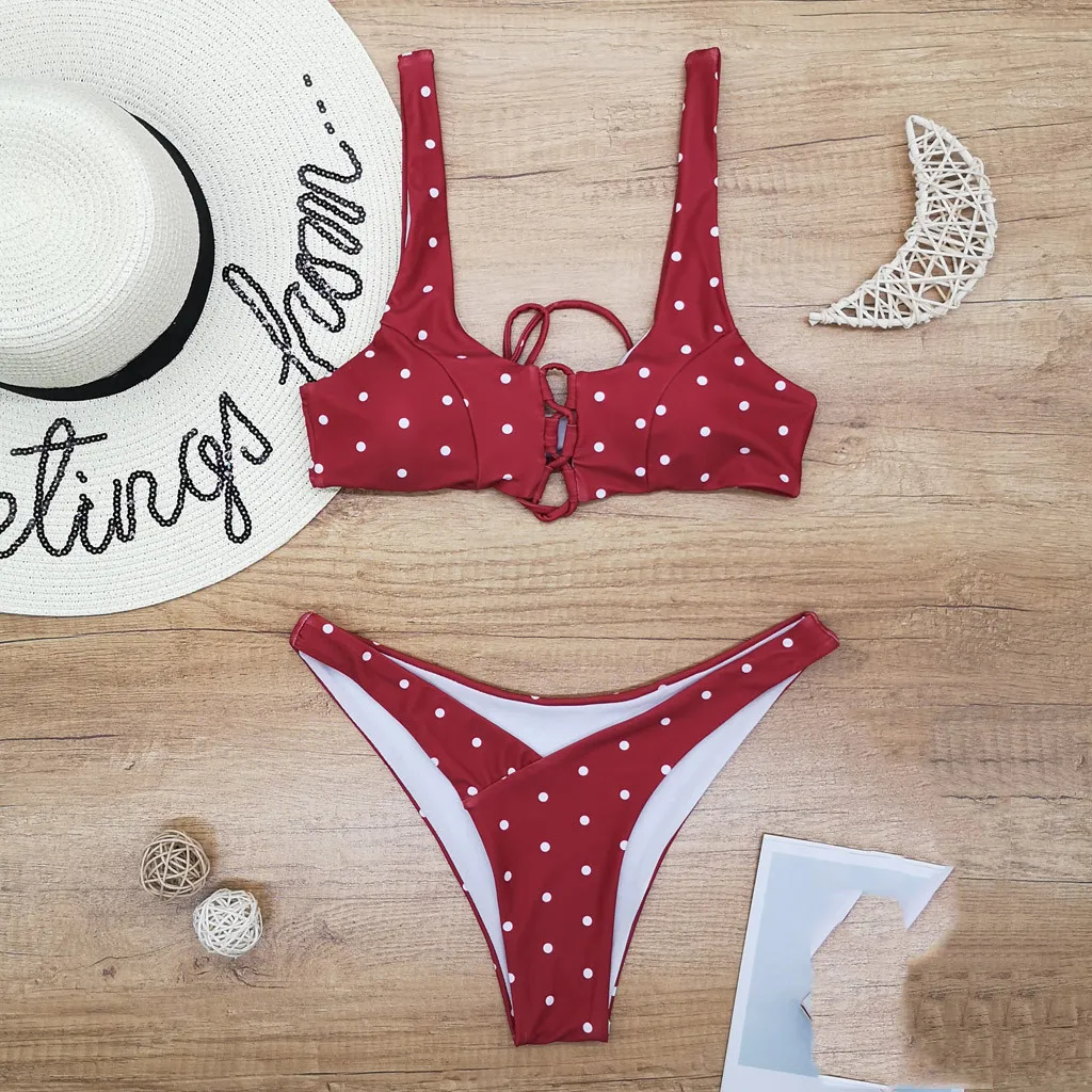 Комплект бикини в горошек купальник пуш-ап женские с заниженной талией 2020 Mujer Tie