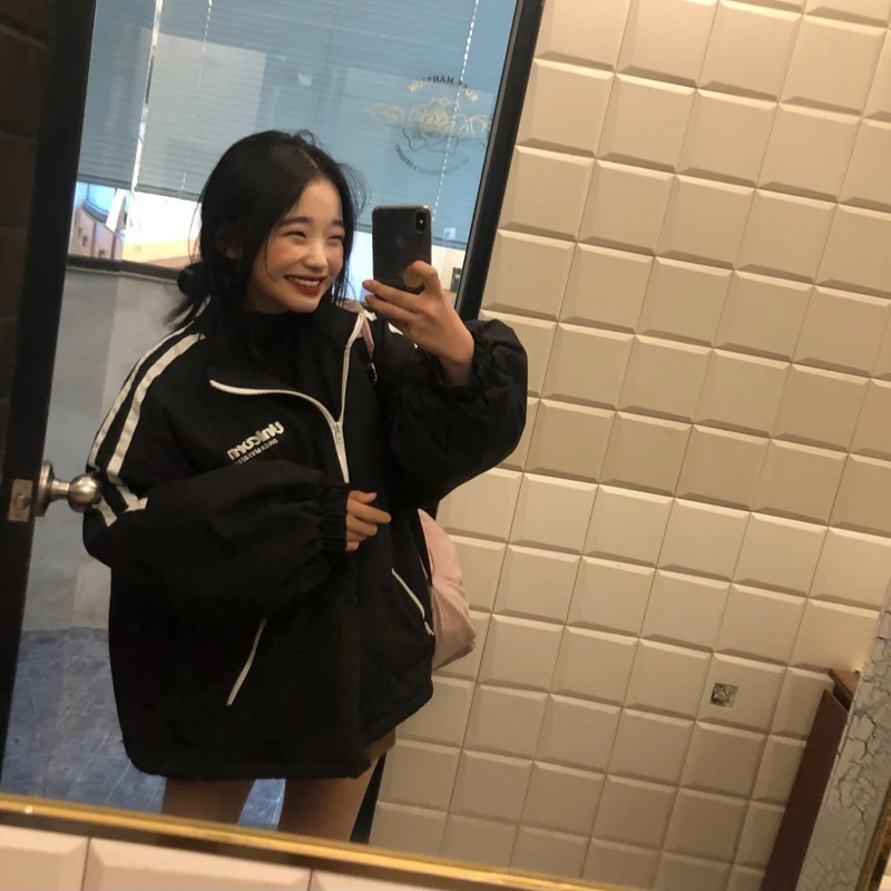 2020 New Girl Retro College Style Loose Casual Wind Side Strip Sports Windbreaker Jacket Autumn