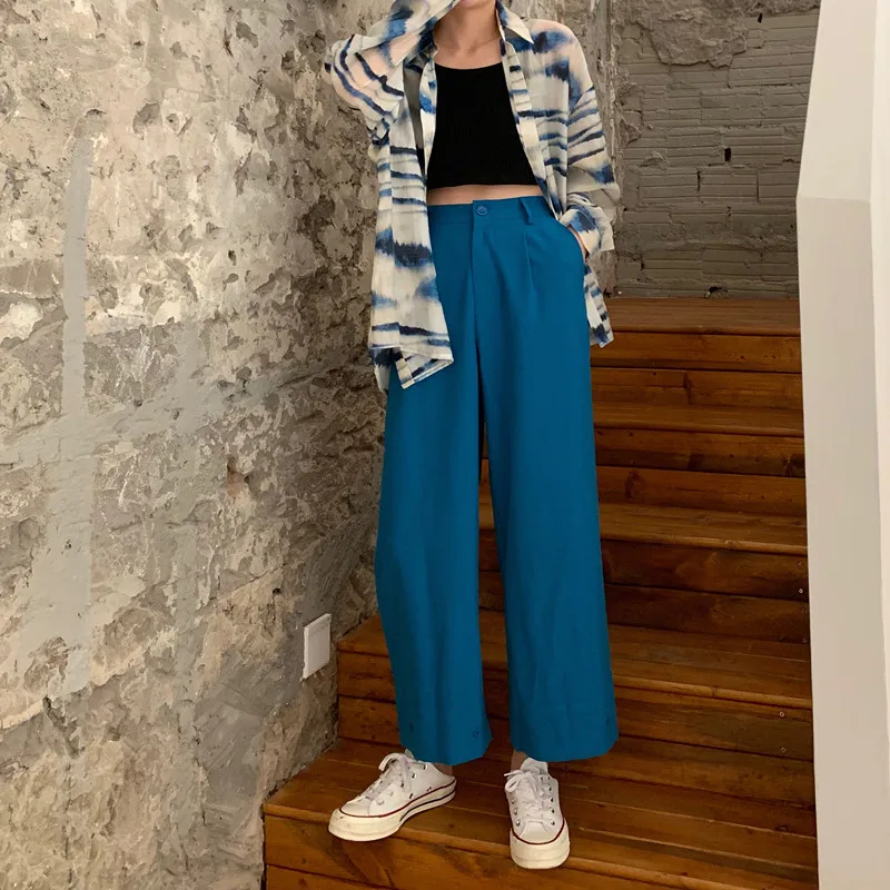 REALEFT/осенний модный костюм широкие брюки свободные с высокой талией повседневные