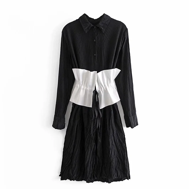 

Ladies 2021 New Summer Solid Color Skirt Collar Simple Long Dresses For Women's All Match Pleated Waist Long Sleeve Chic Dress