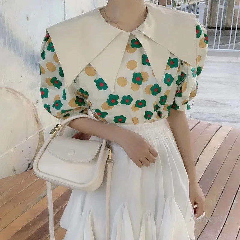 Style coréen col châle manches bouffantes imprimé lâche chemise femme mignon Tops à motifs floraux filles dames tout-Match chemisiers d'été 2021