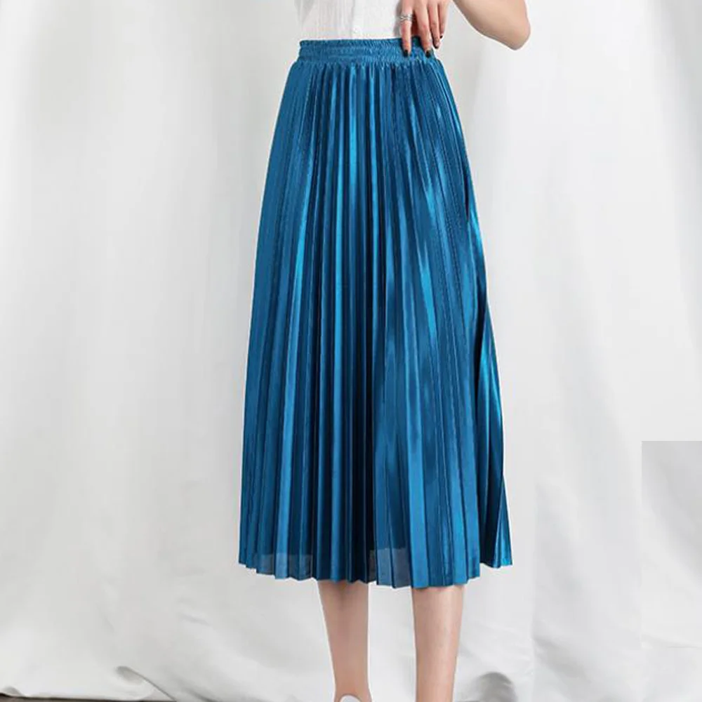 

Women Solid Color Pleated Midi Skirt Faldas Mujer Korean Fashion Ladies Casual Slim Skirt High Waist A Line Chiffon Maxi Skirts