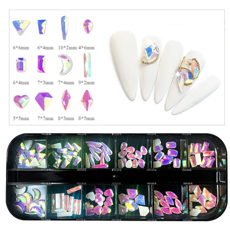 

Y1UF 12 Grids Glass Nail Art Decorations Multi-Shape for Nails Ornaments Manicure Tips Decor DIY Crafts Accessories