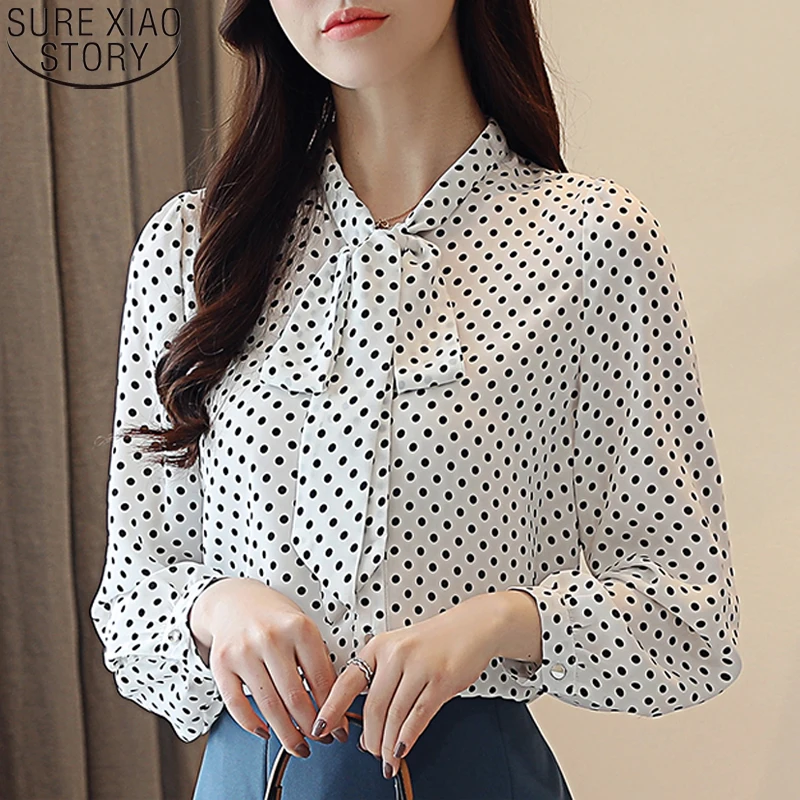 

Polka Dot Casual Blouse 2021 Autumn New Korean Chiffon Shirts Women Cardigan Tops Fashion Bow Tie Loose Long Sleeve Blusas 10642