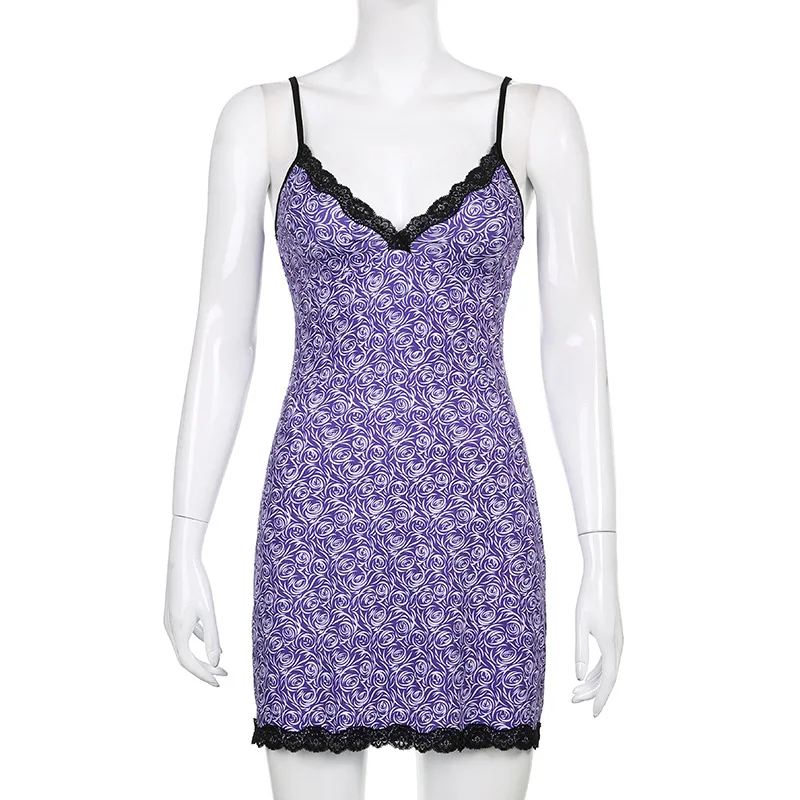 

ALLNeon Summer Y2K Fashion Lace Trim Printing Short Dresses 2000s Aesthetics V-neck Patchwork Backless Cami Dress Vintage A-line