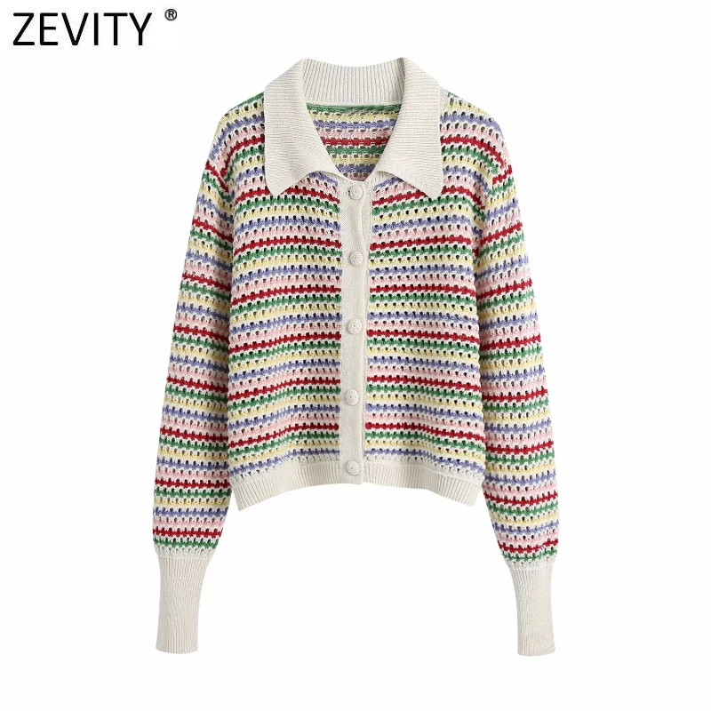 

Новинка от Zevity, Женское пальто в радужную полоску с вырезами, Женский шикарный жаккардовый кардиган, топы SW803