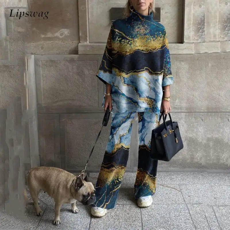 

Retro Stone Pattern Printed Sweatshirt Outfits Fashion Turtleneck Pullover And Pants Suits 2022 Casual Loose Women Two Piece Set