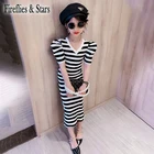 Летнее Длинное Платье для девочек, детское трикотажное платье, детские платья, детская одежда, в полоску, с разрезом сзади, с пышными рукавами, от 4 до 12 лет