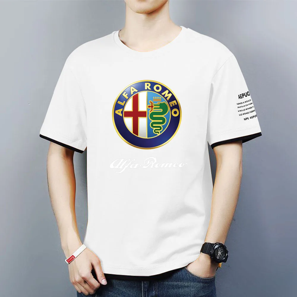 

2021 New Men's Summer Alfa Romeo Logo Round Collar Fashion Contrast Color Trend Sports T-Shirt Comfortable Top