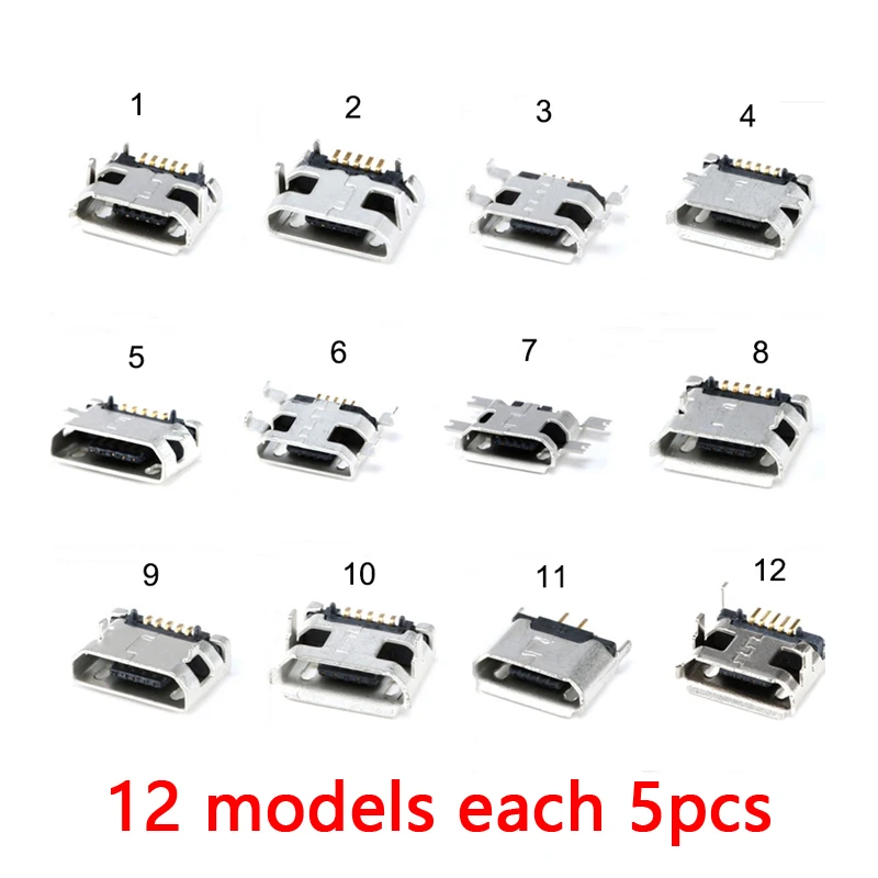 

60pcs/lot 5Pin Socket Connector Jack Micro USB Type C Female Placement 12 Models SMD DIP Socket Connector For MP3/4 Lenovo ZTE