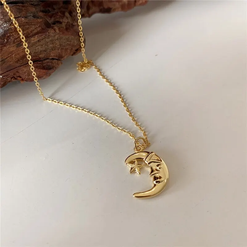 

A00910 Real 925 Sterling Silver Funny Moon Star Pendant Chain Necklace for Fashion Women Hip Hop Punk Chic Jewelry Gift