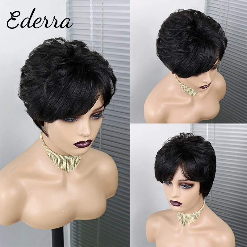 

Short Straight Wig With Bangs Pixie Cut Brazilian Human Hair Wigs Full Manchine Cheap Natural Color Wig For Women Summer Wig