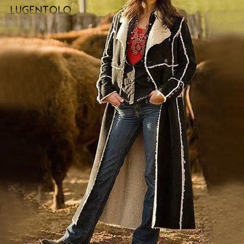 

Женское длинное пальто Lugentolo, винтажная двубортная приталенная ветровка с длинным рукавом и отложным воротником, Осень-зима