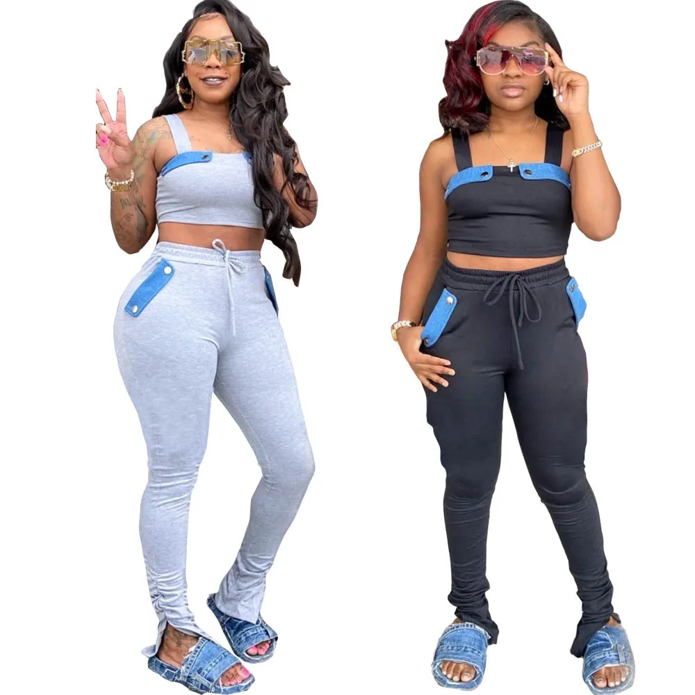

Stacked Pants Matching Set Fitness Off Shoulder Tank Top + High Waist Solid Pleated Legging Casual Summer Gray Women 2 Piece Set