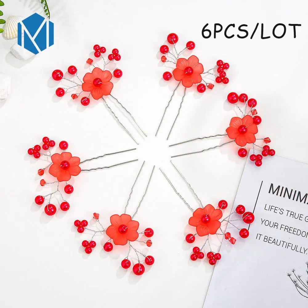 6PCS-Style E-Red М мизм свадебные цветочные палочки для волос жемчужные заколки для волос шпильки для девочек расчески для волос праздничные свадебные аксессуары для волос невесты - Цвет: 6PCS-Style E-Red