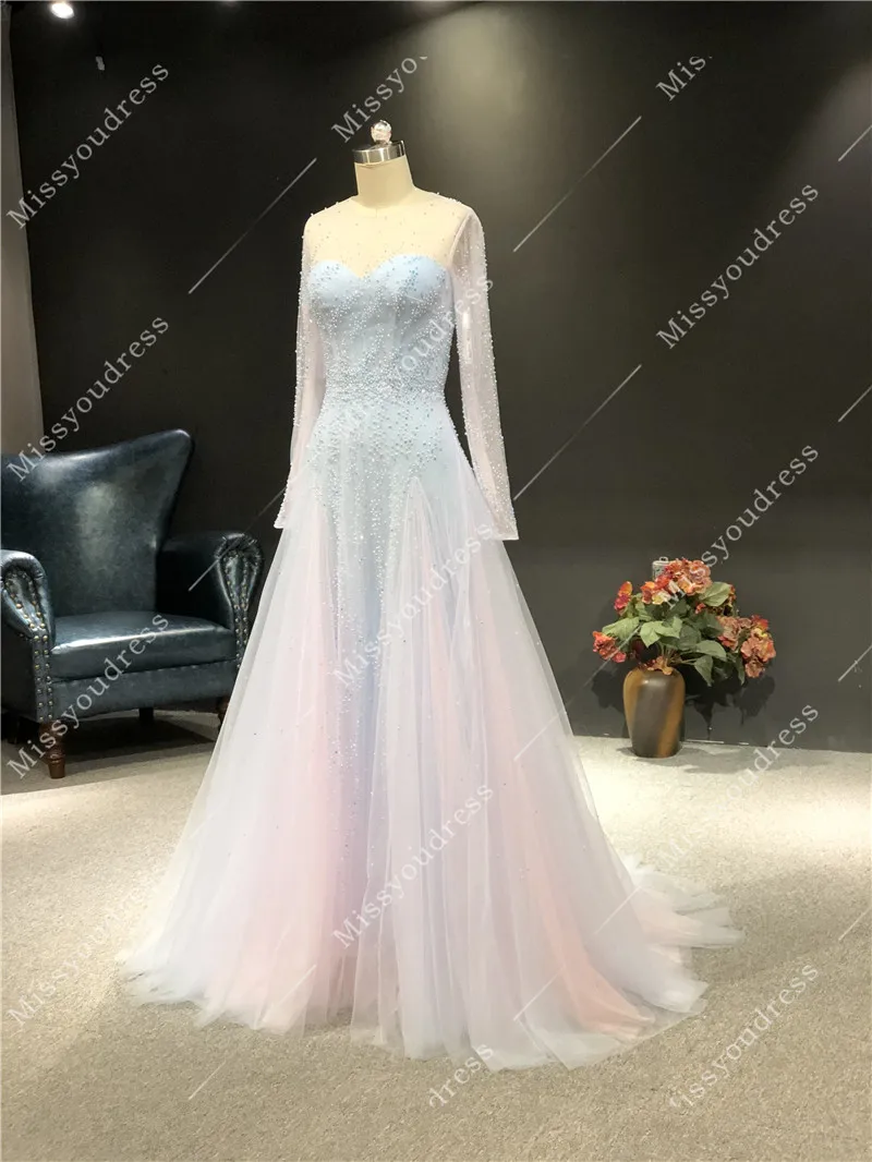 Vestidos de fiesta 2021 Real Pictures Sky Blue Pink Heavy Beads Long Sleeves Floor Length Formal Party Prom Evening Dresses