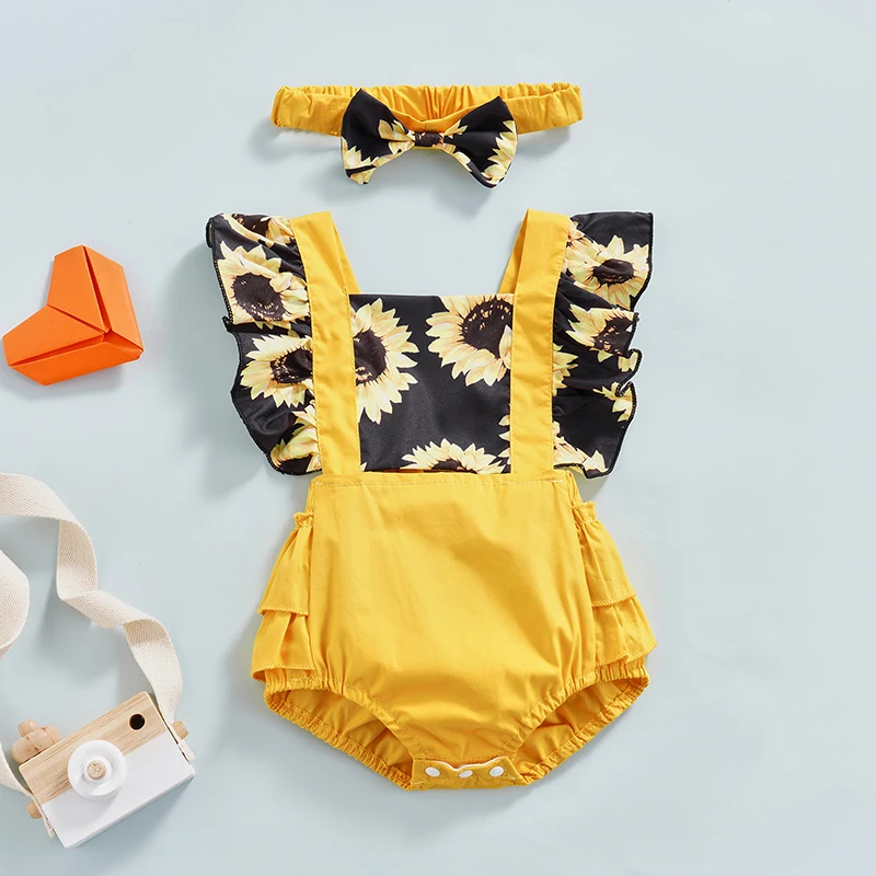 

Summer Infant Baby Girl Jumpsuit Fly Sleeves Sunflower Print Patchwork Romper Bow Headband Outfits Clothing