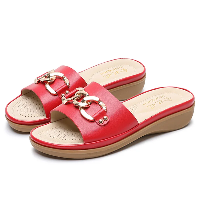 

House Slippers Platform Beach Shoes Rivet Low Slides Big Size On A Wedge Sabot Soft Flat Fabric PU Basic Metal Decoration Scanda